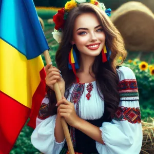 A beautiful girl holding a flag with the colors red, yellow, and light blue, dressed in traditional Romanian clothing