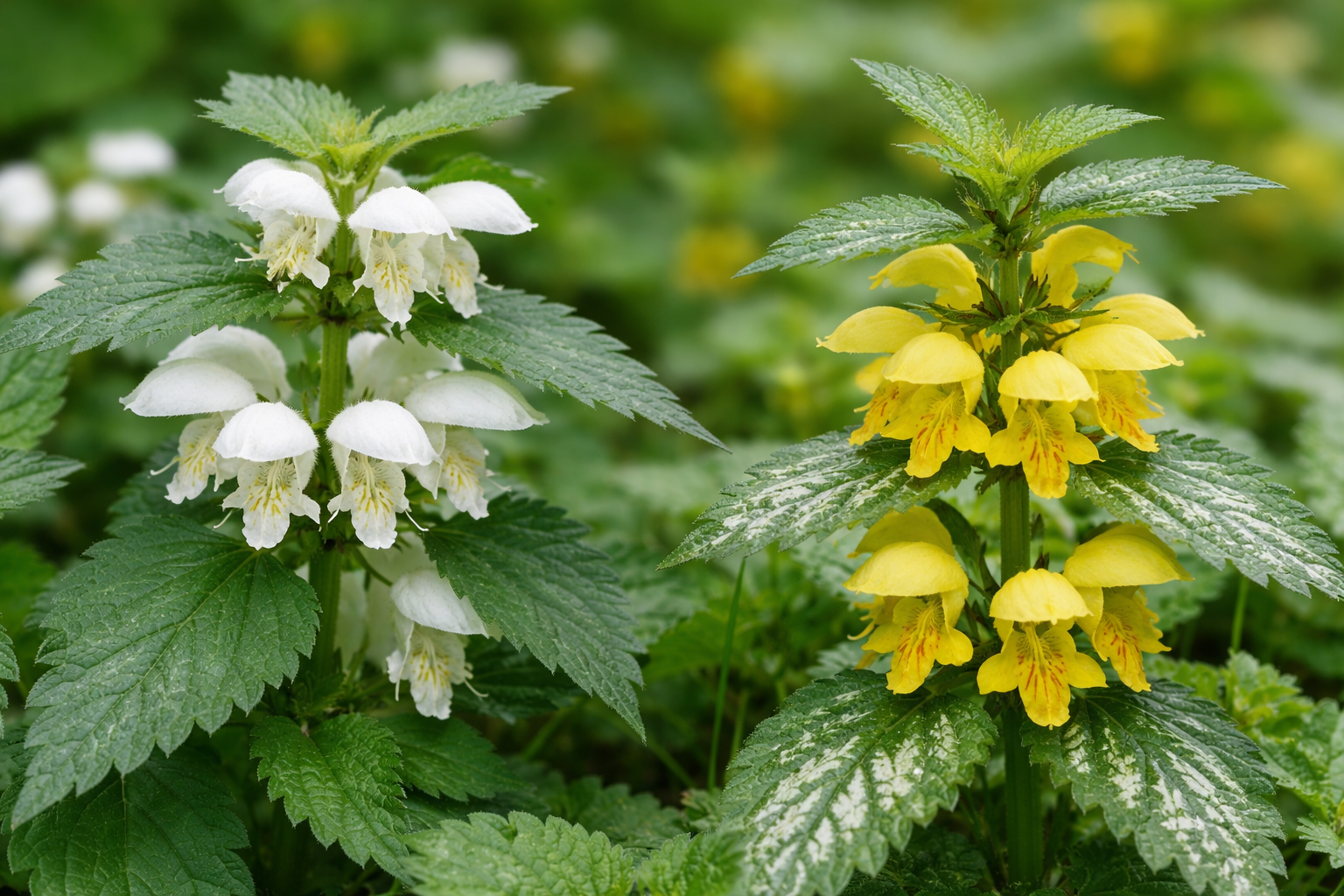 Urzică moartă (Lamium album) flori albe ,Urzică moartă galbenă (Lamium galeobdolon) flori galbene